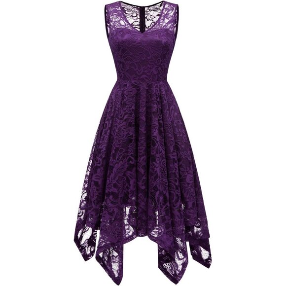 Women's Grape Handkerchief Hem Lace Formal Fancy Prom Cocktail Party Dresses - Picture 6 of 6